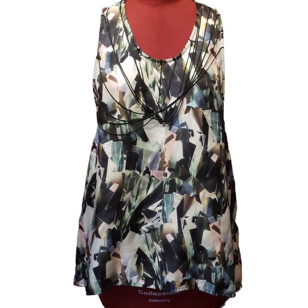 Zimmermann Top Multicolor Geometric Print Silk Sleeveless Hi Low Drape Cord US 6